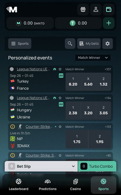 A sports betting app screenshot displaying personalized events including UEFA Nations League matches (Turkey vs France, Hungary vs Ukraine) and Counter-Strike esports matches, with odds and a bet slip at the bottom.