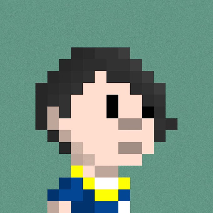 A pixel art portrait of a person with black hair wearing a blue shirt and yellow tie against a green background.