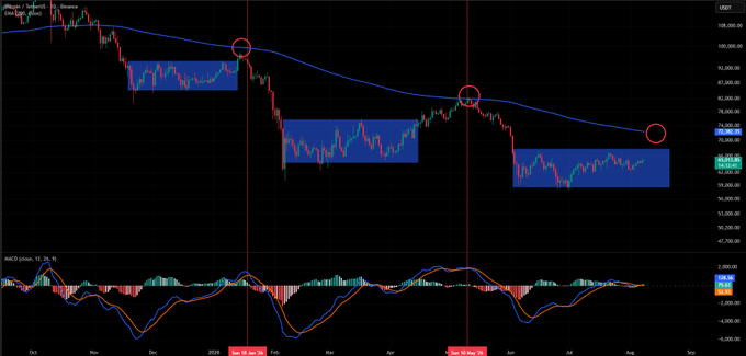 A financial trading chart displays the EUR/TRY currency pair with candlestick patterns, moving averages, and an MACD indicator, marked with red circles highlighting key price points.