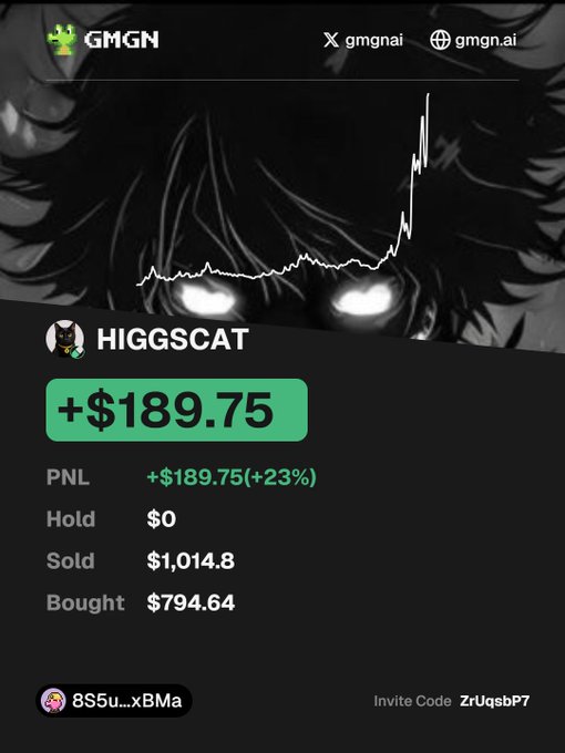 A trading performance summary from GMGN shows user 'HIGGSCAT' with a profit of +$189.75 (+23%), indicating $794.64 bought, $1,014.80 sold, and $0 held, with invite code ZrUqsbP7.