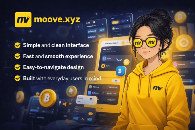 The image features a cartoon girl wearing a yellow hoodie, with her face obscured by glasses. The background of the image is dark blue, and there are several other elements present as well. There's text that reads "MOVE XYZ", which suggests that this is an advertisement or promotional material for a cryptocurrency wallet service called "MOVE". The girl in the image appears to be wearing a yellow hoodie, possibly representing the color of Bitcoin. She has her face obscured by glasses and is standing against a dark blue background with various elements scattered around her.