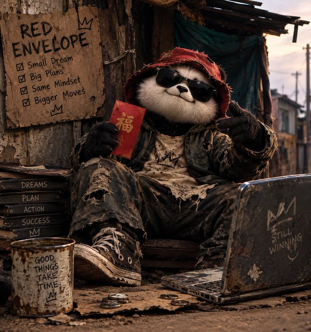 A panda wearing sunglasses, a red hood, and worn clothing, holding a red envelope (Hongbao), sitting next to a 'RED ENVELOPE' checklist and a laptop labeled 'STILL WINNING', with a coffee mug saying 'GOOD THINGS TAKE TIME'.