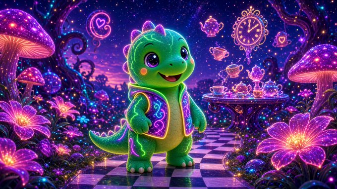 A vibrant, colorful digital illustration features a cute green cartoon dinosaur in a purple vest standing in a magical, glowing garden with giant purple mushrooms, a checkered path, and floating teacups.