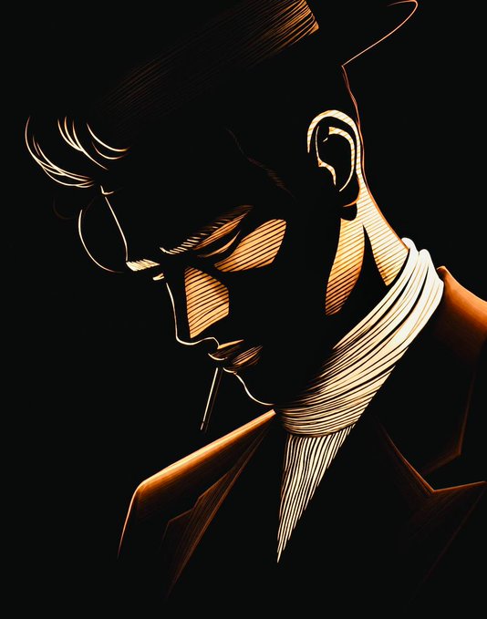 A stylized, high-contrast black and gold illustration of a man in profile with glasses, a scarf, and a suit, looking downward.