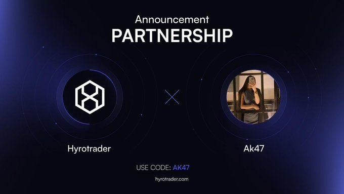 A partnership announcement graphic featuring the "Hyrotrader" logo on the left and a photo labeled "Ak47" on the right, with "USE CODE: AK47" and "hyrotrader.com" displayed at the bottom, promoting a collaboration with the prop trading firm alongside a personal endorsement of its straightforward funded trading process on Bybit.