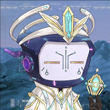 A stylized cartoon character wearing a white helmet with a visor displaying a face, adorned with gold and teal jeweled accessories.