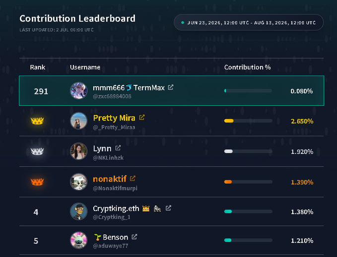 A contribution leaderboard showing various users and their contribution percentages, with mmm666 (TermMax) at rank 291 with 0.080%, while top contributors like Pretty Mira show 2.650%.