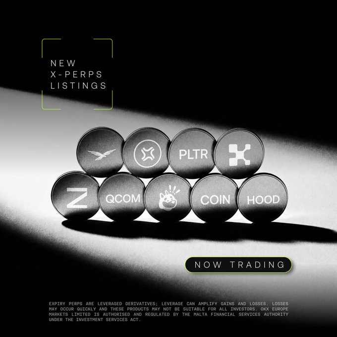 This image visually represents the "NEW X-PERPS LISTINGS" for both Crypto and TradFi based on the coins shown, including $PLTR, $QCOM, and $COIN, all of which are now trading.