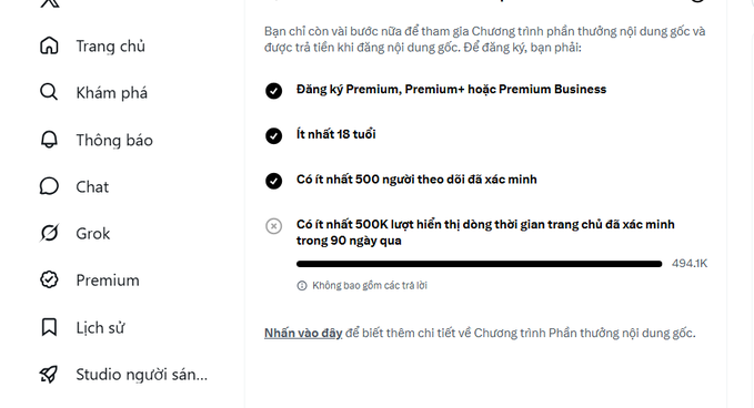 A Vietnamese-language X/Twitter settings page showing requirements for the Premium monetization program, with the '500K impressions' requirement highlighted at 494.1K.