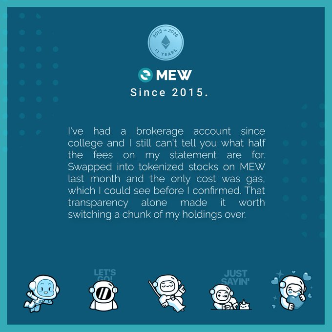 A promotional graphic for 'MEW' featuring a 2015-2026 11 YEARS anniversary badge, a testimonial about tokenized stocks, and cartoon astronaut cat characters at the bottom.
