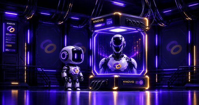 A small robot stands beside a futuristic glowing chamber displaying a humanoid figure, with "KNOVO," "PROOF," and "1024" illuminated on the display—visually representing the upcoming Knovo Proof of Intelligence collection of 1,024 limited on-chain digital assets. The cyberpunk-style scene evokes the technological and AI-driven theme of the upcoming NFT drop, with the glowing "1024" supply number prominently featured to align with the post's whitelist announcement.