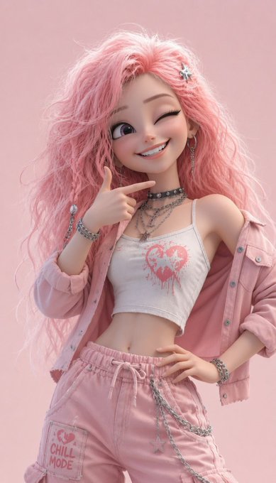 The image features a cartoon girl with pink hair, wearing a white tank top and pink pants. She has her hand raised above her head, making a peace sign gesture. The background of the image is a light pink color that complements the girl's outfit. The caption "GM Fam X Tiếp tục hiệu quả ngày mới nhé cả nhà" suggests that this image might be related to a post about a specific brand or product, possibly GM Fam.