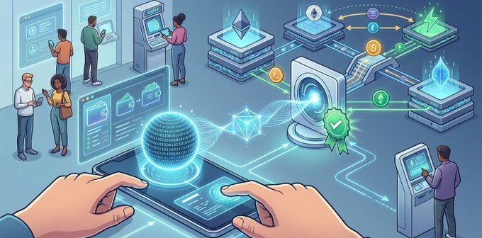 A colorful digital illustration depicting blockchain and cryptocurrency concepts, with people interacting with devices, digital globes, NFTs, and crypto coin symbols flowing through interconnected networks.