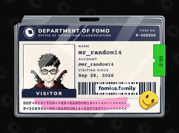 A digital ID card for the 'DEPARTMENT OF FOMO' (Office of Intake and Classification), showing an anime-style avatar and the name 'mr_random14' visiting since Sep 28, 2026.