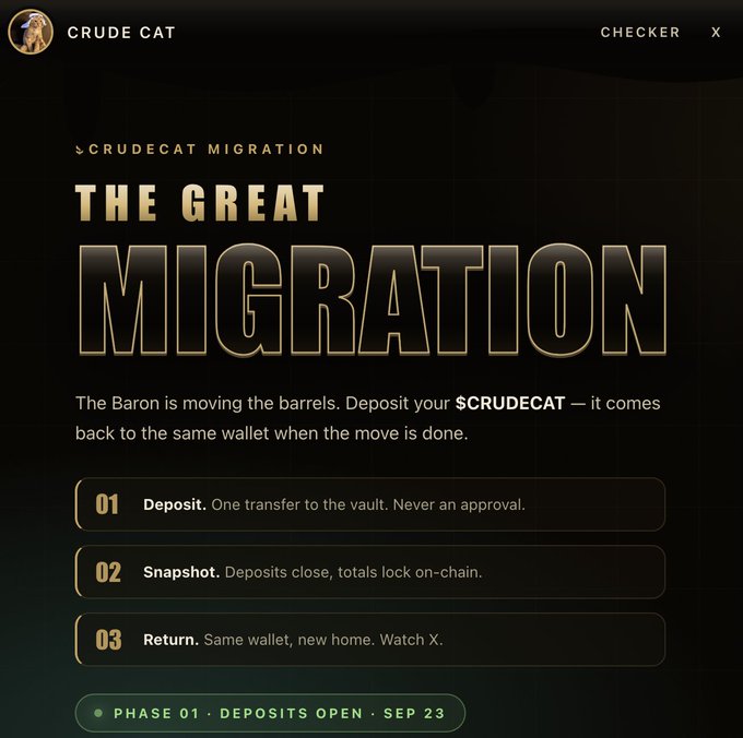 A promotional graphic for 'Crude Cat Migration' titled 'The Great Migration,' explaining a process where users deposit $CRUDECAT tokens to a vault, with phases including Deposit, Snapshot, and Return, noting 'Phase 01 - Deposits Open - Sep 23'.