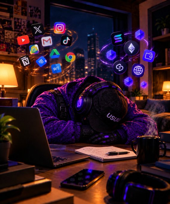 A person wearing headphones and a cap rests their head on a desk beside a laptop, surrounded by floating icons of social media and tech apps like X, Instagram, YouTube, and TikTok.