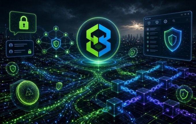 A futuristic digital illustration featuring a glowing blockchain or crypto logo surrounded by security shield icons and interconnected data nodes over a city skyline.