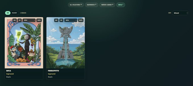 A digital marketplace interface displaying two NFT collections: "BATLA" by Saymond with a jungle-themed artwork, and "PINOCASSOTTO" by Baycla featuring a tall stone statue.