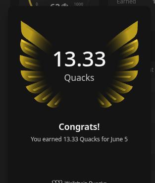 The image shows a screen displaying a congratulatory message for someone who has earned 1333 Quacks from playing a game, specifically for June 5th. The text "congrats! You earned 1333 Quacks for June 5" is prominently displayed in the center of the image. The background of the image is black with gold accents that make it stand out.