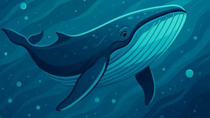 A stylized digital illustration of a blue whale swimming through deep ocean waters with light rays and bubbles surrounding it.
