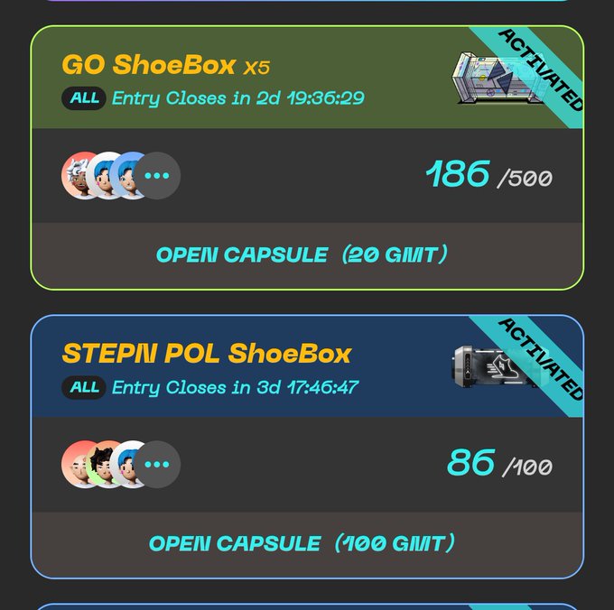 Move-to-earn app shoebox gacha interface showing activated GO ShoeBox X5 (186/500 entries) and STEPN POL ShoeBox (86/100 entries) capsules with GMIT token costs.