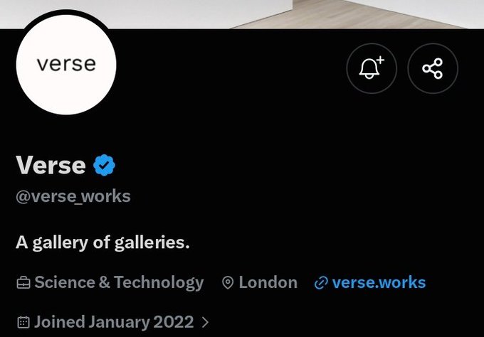 A Twitter profile page for 'Verse' (@verse_works) with the bio 'A gallery of galleries,' categorized under Science & Technology, based in London, with the website verse.works.