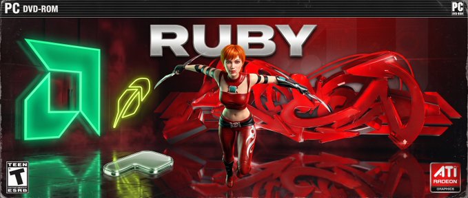 A video game cover for "RUBY" featuring a red-haired female character in a combat outfit holding blades, with ATI Radeon graphics branding and a Teen ESRB rating.