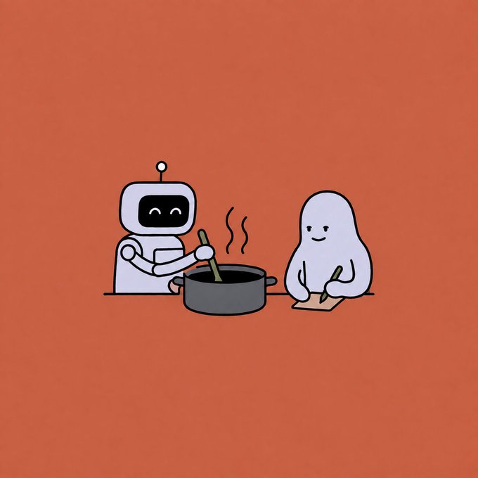 A simple cartoon illustration on an orange background shows a white robot happily stirring a steaming pot while a smiling ghost-like figure stands nearby writing on a notepad.
