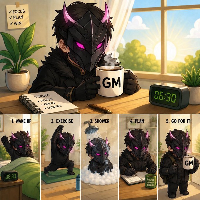 A chibi-style masked figure with glowing pink eyes and horns sips coffee from a "GM" mug at a desk labeled "TODAY: FOCUS, GROW, INSPIRE," alongside a checklist reading "FOCUS, PLAN, WIN," with a smaller panel below showing a morning routine: "1. WAKE UP, 2. EXERCISE, 3. SHOWER, 4. PLAN, 5. GO FOR IT!" The disciplined "GM" coffee ritual and morning routine reinforce the post's motivational call to start fresh and build unstoppable momentum with Canopy Network's sovereign blockchain platform.