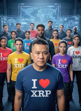 The image features a group of people standing together, all wearing t-shirts with the text "I love XRP" printed on them. The majority of these individuals are dressed in blue shirts, while one person stands out in a yellow shirt. In total, there are 14 people visible in the scene. The background includes a map and a computer screen, suggesting that this gathering might be taking place at an event or convention related to cryptocurrency or technology.