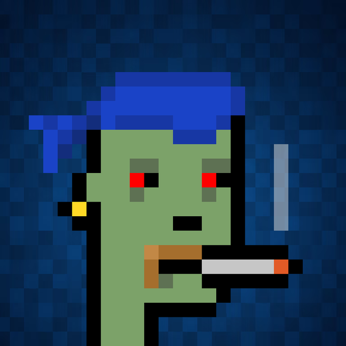 A green-skinned zombie character with blue hair and red eyes, shown in pixel-art style smoking a cigarette against a dark blue checkered background. The image likely represents a giveaway prize for a Zombie Rank NFT #198.