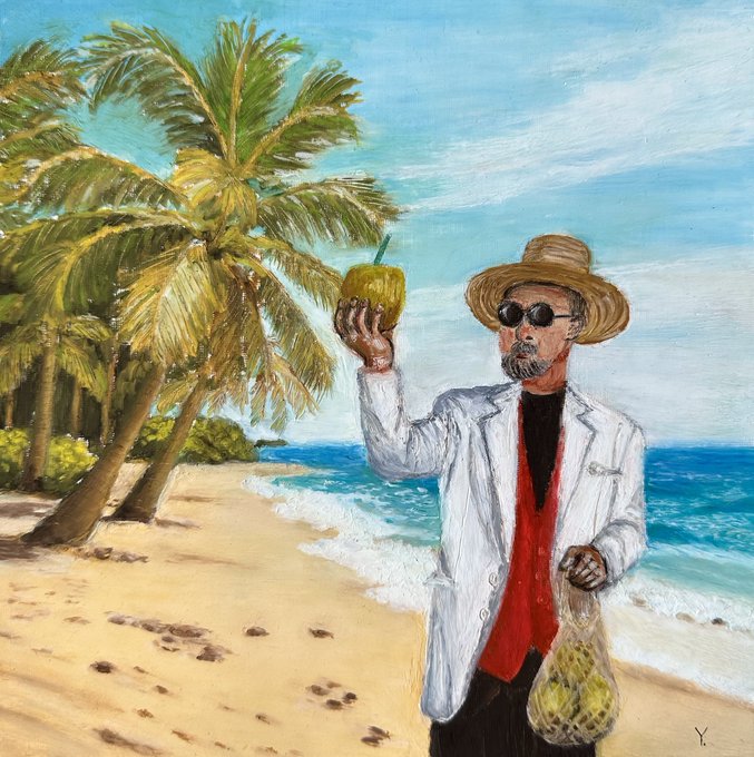 A painted artwork of a man in a straw hat, sunglasses, red vest, and white jacket standing on a tropical beach with palm trees, holding a coconut drink and a net bag of fruit.