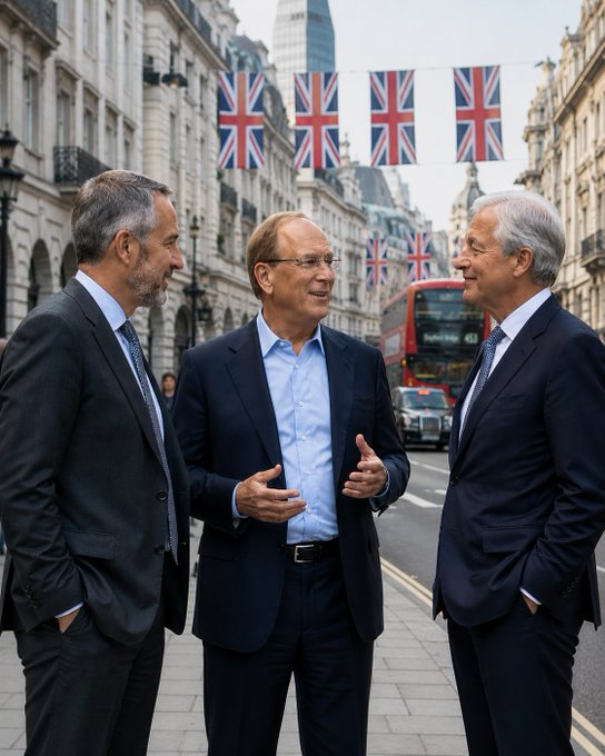 Three businessmen in dark suits converse on a London street beneath Union Jack flags, with a red double-decker bus visible in the background, visually reinforcing the post's announcement of Ripple partnering with BlackRock and J.P. Morgan on a £33 billion UK debt tokenization initiative. The British setting directly ties to the financial milestone being highlighted, symbolizing institutional finance's growing adoption of blockchain technology.