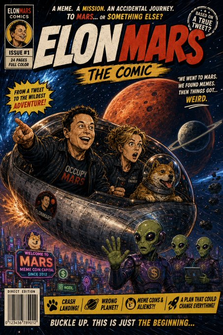 A comic book cover titled 'ELONMARS THE COMIC' Issue #1 by ElonMars Comics, depicting Elon Musk and a woman in a spaceship heading toward Mars with a Shiba Inu dog, while aliens and memes appear below, with tagline 'From a tweet to the wildest adventure!'