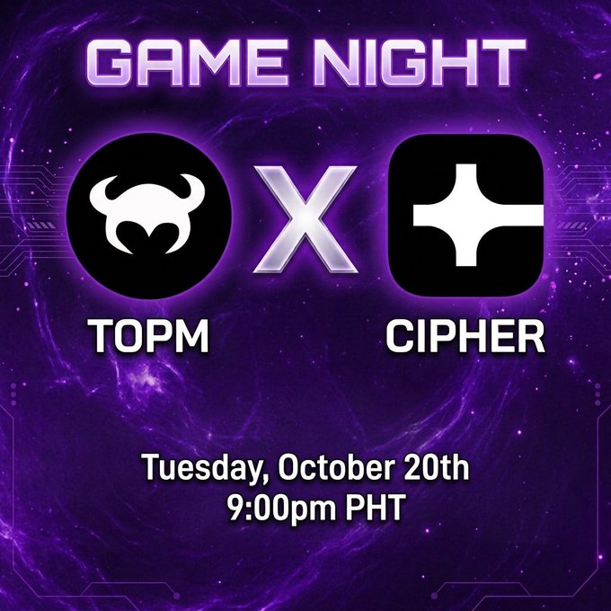 A promotional graphic for "GAME NIGHT" featuring the logos for "TOPM" and "CIPHER," scheduled for "Tuesday, October 20th 9:00pm PHT" against a purple, starry background.