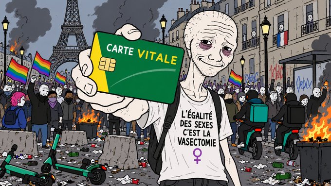 A pale, gaunt figure holds up a green "CARTE VITALE" (French health insurance card) toward the viewer, wearing a t-shirt that reads "L'ÉGALITÉ DES SEXES C'EST LA VASECTOMIE" with a female symbol. Behind him, rioters wave rainbow pride flags amid burning barricades, scattered scooters, and graffiti near the Eiffel Tower—satirizing the absurdity of offering a health card in the chaos of unrest.