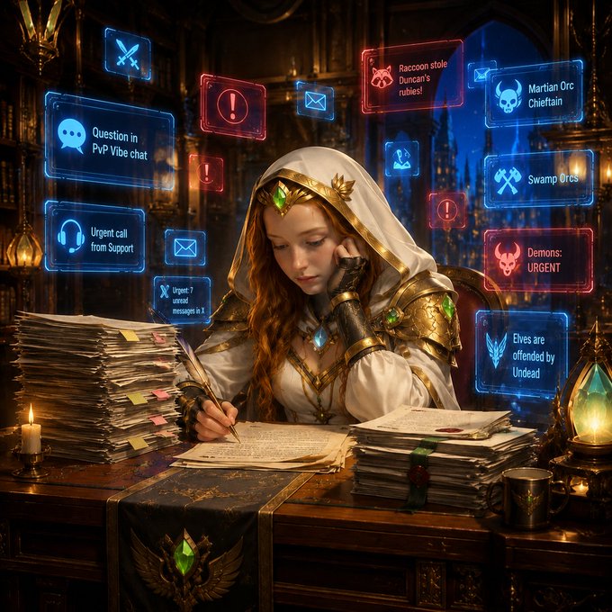 The image features a woman sitting at a desk, writing or working on some papers while wearing a white hooded robe with a green gemstone. The background of the image includes various icons related to social media platforms such as Twitter, Facebook, and Instagram. The woman is surrounded by stacks of paper, which suggests that she might be involved in some form of digital content creation or archiving work. The post seems to be promoting the idea of focusing on long-term value rather than chasing short-lived trends or hype.