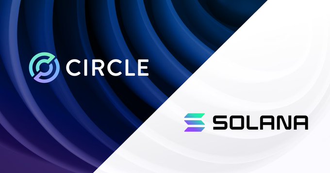 The image shows the Circle and Solana logos side by side, with Circle's branding on a dark blue background and Solana's logo on a white background, visually representing Circle's recent minting of 250 million USDC on the Solana blockchain to provide fresh liquidity.