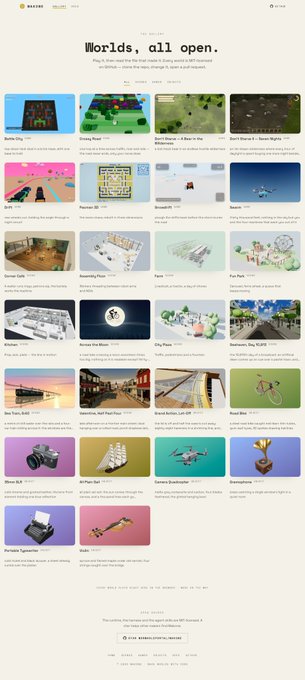 A web gallery titled 'Worlds, all open' showcasing various user-created 3D and game environments including 'Battle City', 'Strong Hold', 'Fortnite', and 'Pacman'.
