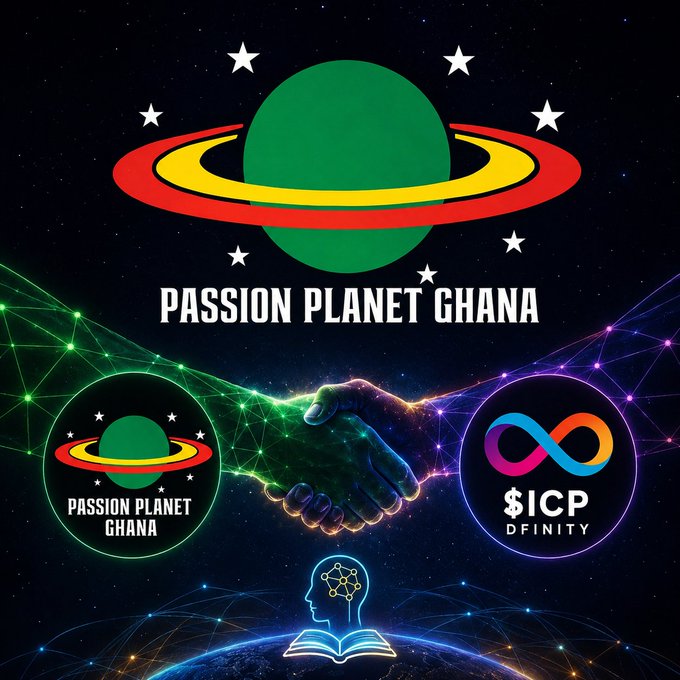 A promotional graphic features the Passion Planet Ghana logo—a green planet with red and yellow rings surrounded by stars—at the top, with a central handshake symbolizing a partnership between Passion Planet Ghana and Dfinity's $ICP, accompanied by icons of an open book and a networked head representing education and technology.