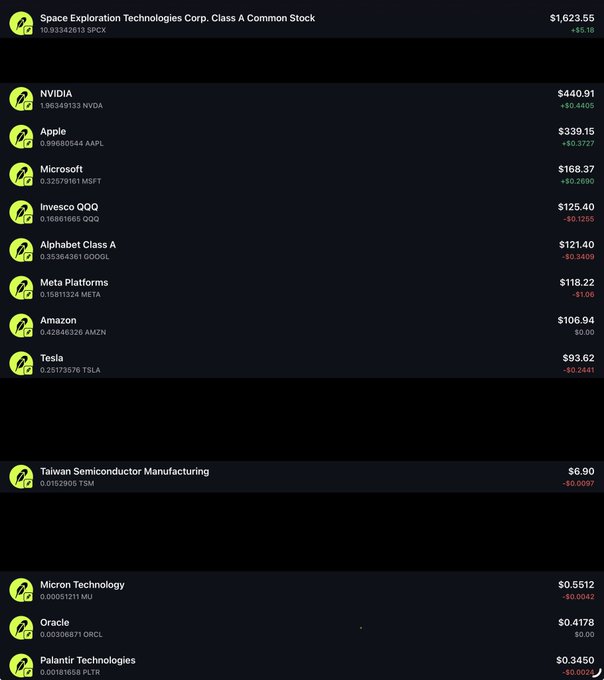 A stock portfolio screenshot showing shares in SpaceX ($1,623.55), NVIDIA ($440.91), Apple ($339.15), Microsoft ($168.37), Invesco QQQ ($125.40), Alphabet Class A ($121.40), Meta ($118.22), Amazon ($106.94), Tesla ($93.62), TSMC ($6.90), Micron Technology ($0.5512), Oracle ($0.4178), and Palantir ($0.3450).