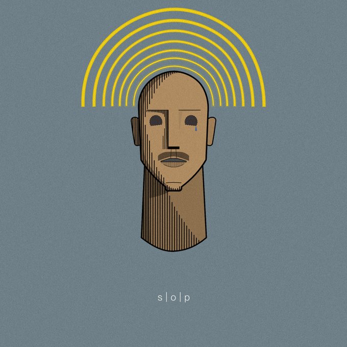 An illustration of a wooden carved head with a sad expression and a tear, surrounded by yellow radiating lines, with the text 's|o|p' below it.