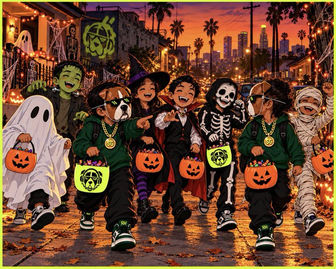 An illustrated scene shows children in Halloween costumes (ghost, zombies, witch, skeleton, mummy) holding glowing jack-o'-lantern buckets on a decorated street at sunset.