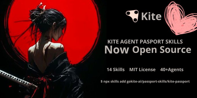 A promotional banner for Kite announcing 'KITE AGENT PASPORT SKILLS Now Open Source' with details including '14 Skills MIT License 40+ Agents' and an installation command, featuring an anime-style illustration of a figure with a sword against a red circle.
