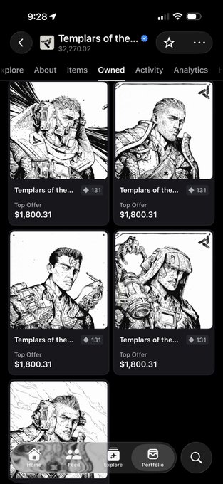 The image shows a mobile app displaying an NFT collection called "Templars of the..." owned by a user, with four illustrated character cards all showing a top offer of $1,800.31. The black-and-white sketch-style artwork features rugged, militaristic figures, fitting the post's "Templars chads" theme, while the displayed portfolio value of $2,270.02 suggests a notable investment in this collection.