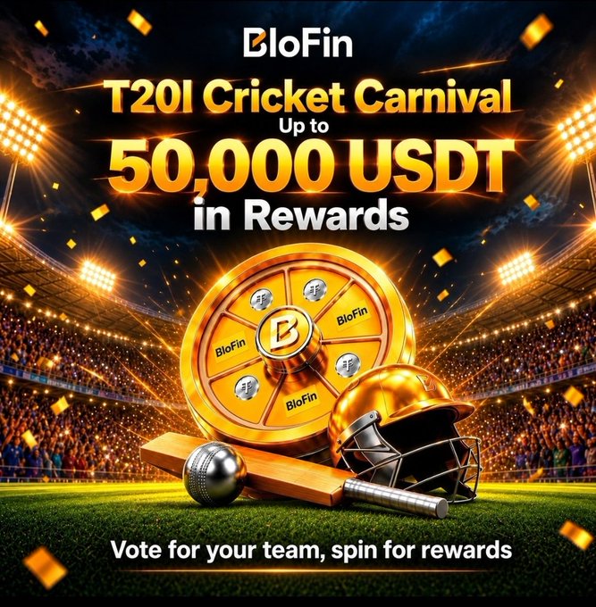 A promotional graphic for the BloFin T20I Cricket Carnival offering up to 50,000 USDT in rewards, featuring a golden spinning wheel, a cricket helmet, bat, and ball on a stadium field with the text 'Vote for your team, spin for rewards.'