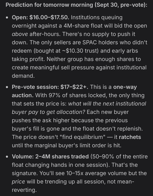 Text-based stock prediction for tomorrow morning (Sept 30) detailing expected open price of $16.00–$17.50, pre-vote session $17–$22+, and trading volume of 2–4M shares.