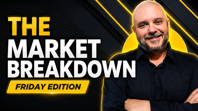 A thumbnail for "The Market Breakdown - Friday Edition" featuring a bearded man in a dark shirt against a yellow and black background, promoting an upcoming live stream covering Bitcoin and Ethereum charts.