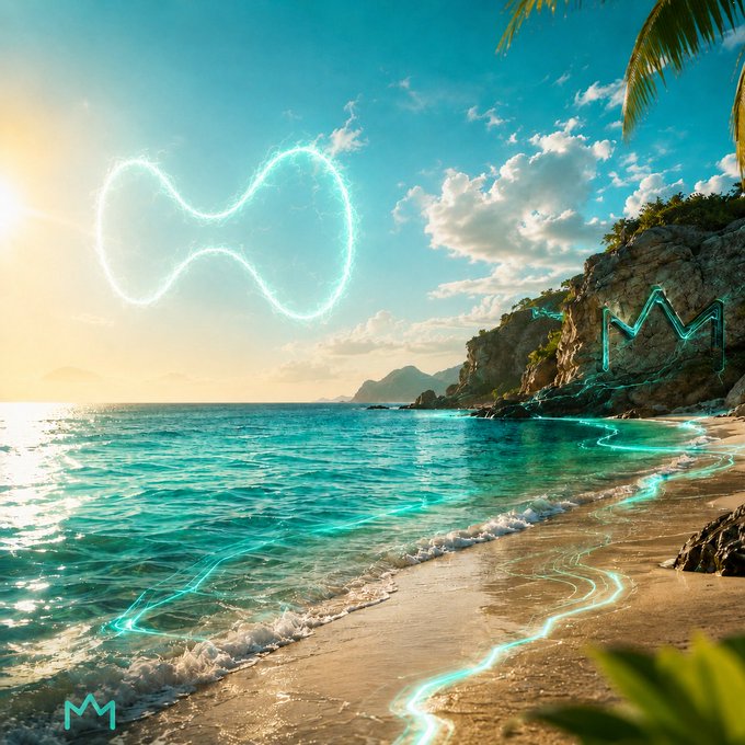 A scenic tropical beach landscape with turquoise water, rocky cliffs, and palm trees, overlaid with glowing teal infinity-symbol and crown logos, with an 'M' logo in the bottom left corner.