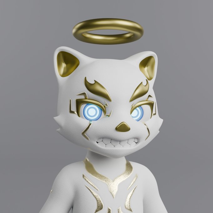 A 3D-rendered cute white cat character with gold accents, glowing blue eyes, a golden halo, and gold markings on its face and body, embodying the whimsical aesthetic of collectible NFTs.